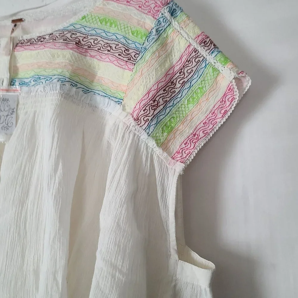 Free People Mirabella Embroidered Top Sz XS Cream Multicolor Crop SS NWT $128